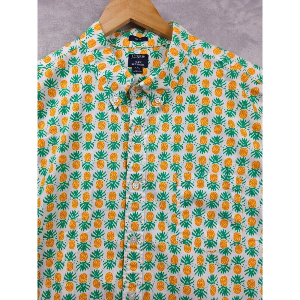 J. Crew Flex Washed Button Down Shirt Men XXL Slim Orange Green Pineapple Print‎